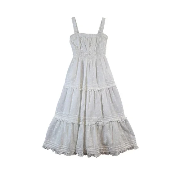 Cleobella Jolene White Organic Cotton Heart Tiered Midi Dress XS Smocked Boho - Picture 2 of 11